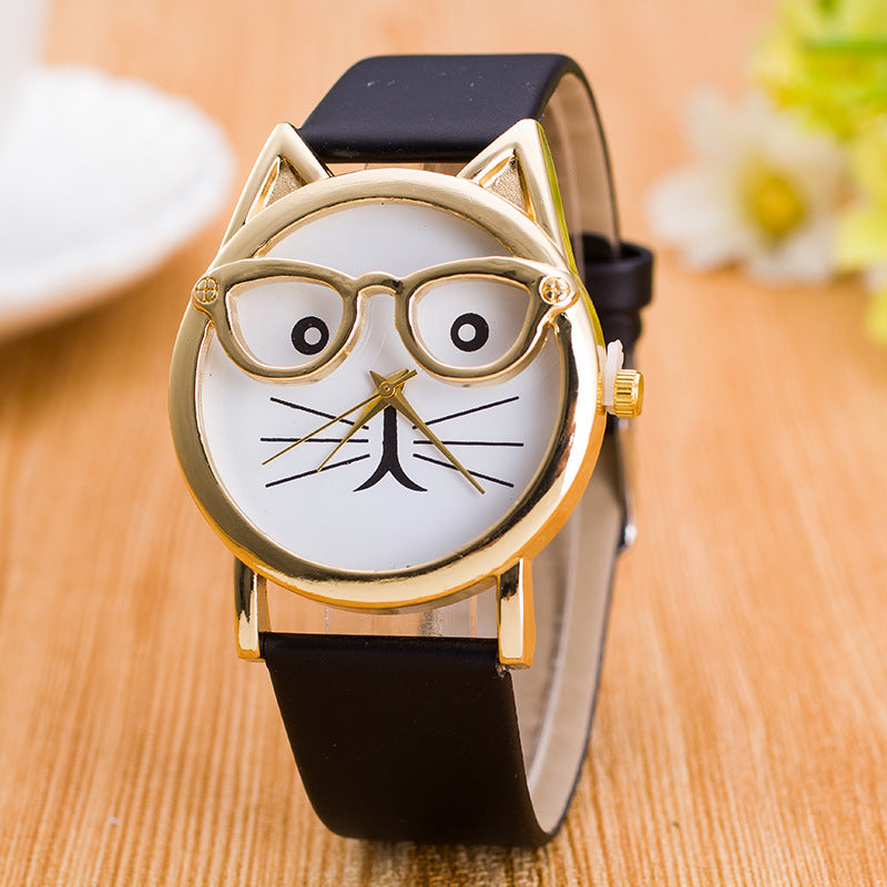 Monatime Lovely Cartoon Cat Face Watch for Kids – Rectangle Dial, PU Strap, Quartz Movement